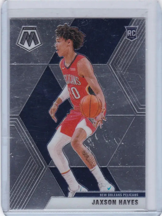 Basketball trading card of Jaxson Hayes in red Pelicans jersey from Panini Mosaic