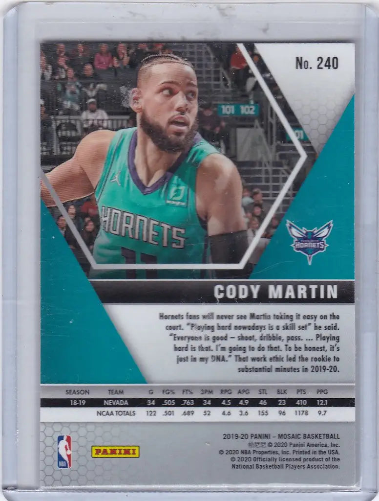 Basketball trading card of Cody Martin Charlotte Hornets from 2019-20 Panini Mosaic RC #240