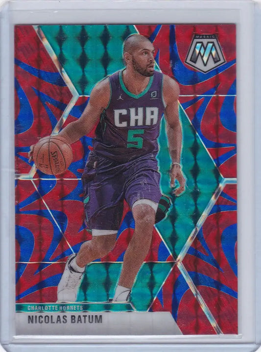 Basketball trading card of Nicolas Batum Hornets in teal uniform dribbling ball, Panini Mosaic Red Green Blue Reactive