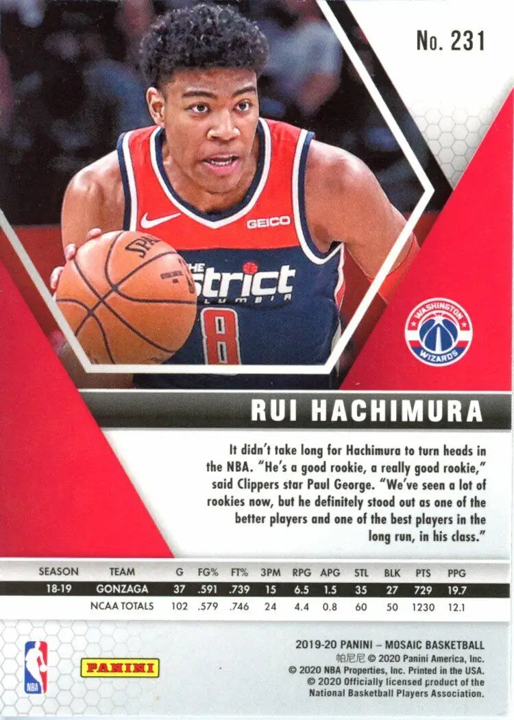 Rui Hachimura Rookie basketball card from 2019-20 Panini Mosaic Washington Wizards NBA 231