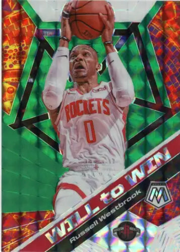 Russell Westbrook Rockets card from 2019-20 Panini Mosaic Will to Win Green NM-MT