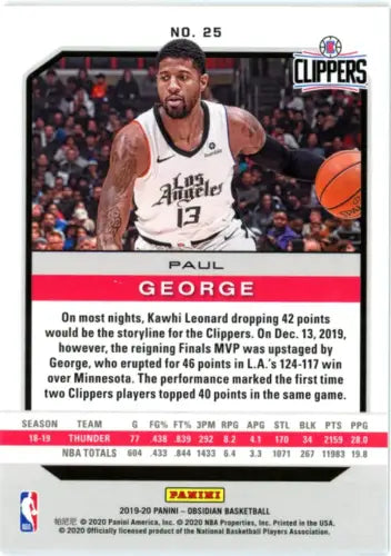 Paul George 2019-20 Panini Obsidian basketball card from Los Angeles Clippers NM-MT