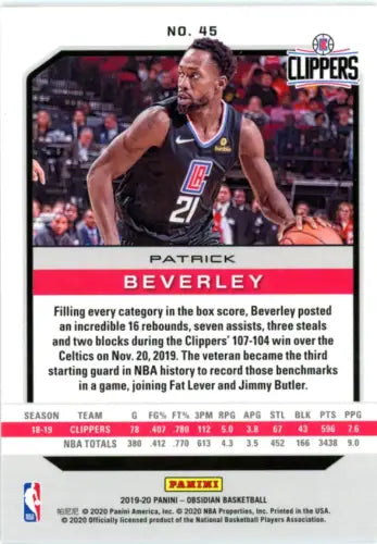 Patrick Beverley 2019-20 Panini Obsidian NBA Card Los Angeles Clippers NM-MT