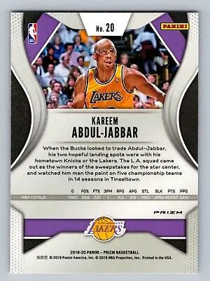 Kareem Abdul-Jabbar basketball card from 2019-20 Panini Prizm Silver Prizm collection