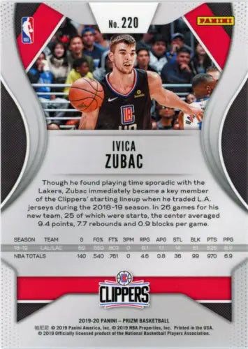 Ivica Zubac Los Angeles Clippers 2019-20 Panini Prizm basketball card NM-MT