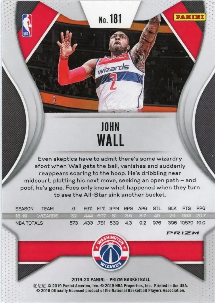 2019-20 Panini Prizm John Wall Silver basketball card featuring Washington Wizards star