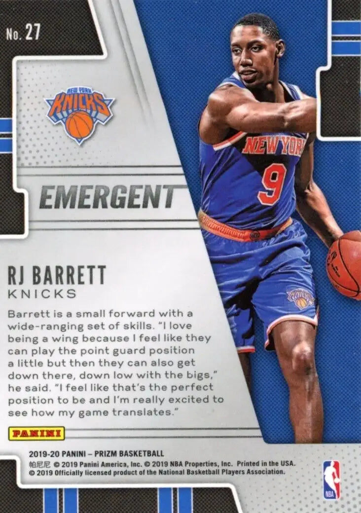 2019-20 Panini Prizm RJ Barrett Emergent Insert Basketball New York Knicks card