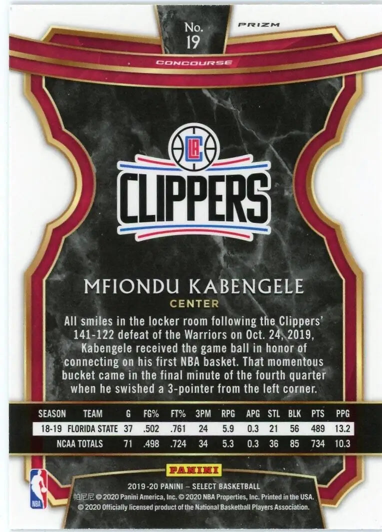 Basketball trading card back of 2019-20 Select Mfiondu Kabengele Silver Rookie