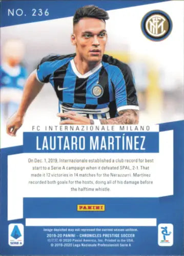 Lautaro Martinez Inter Milan soccer card from 2019-20 Prestige #236 in NM-MT condition