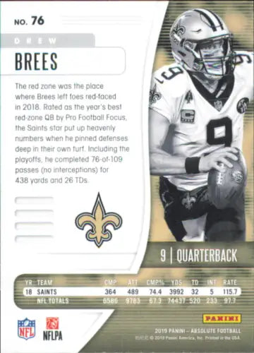 Drew Brees 2019 Absolute #76 New Orleans Saints NFL Football Card NM-MT