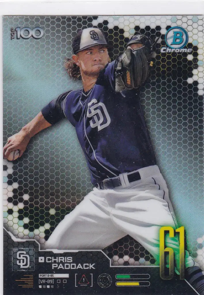 Baseball trading card of San Diego Padres pitcher Chris Paddack in mid-throw action