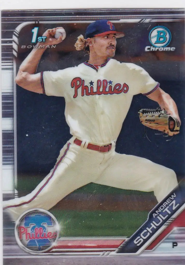 Baseball card of Andrew Schultz in mid-throw for 1st Bowman Phillies collection