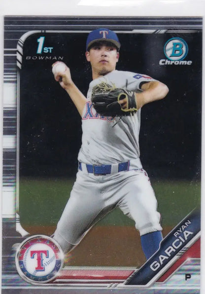 Baseball card of Ryan Garcia 1st Bowman Texas Rangers pitcher mid-throw