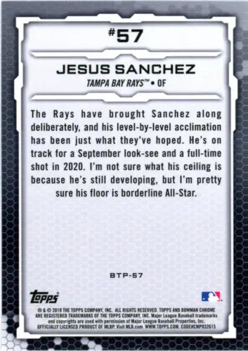 Back of 2019 Bowman Chrome Scouts Top 100 #BTP57 Jesus Sanchez Tampa Bay Rays MLB card