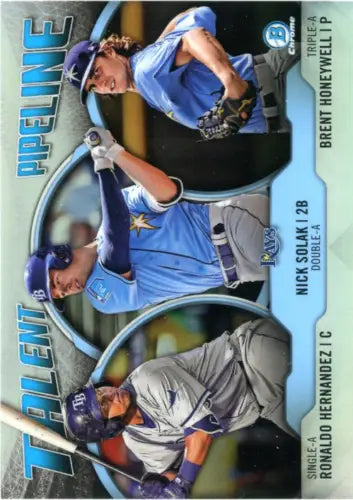 2019 Bowman Chrome Talent Pipeline Baseball Trading Card featuring Honeywell, Hernandez, Solak