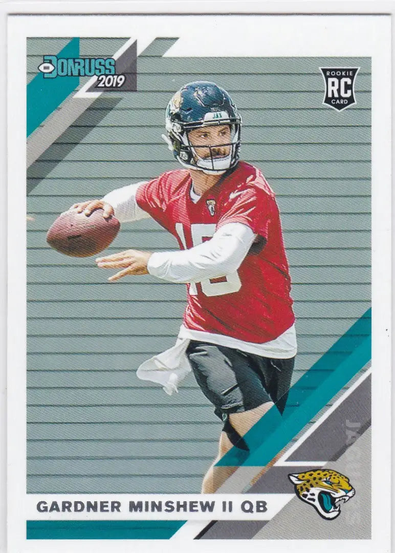 2019 Donruss NFL rookie card of Gardner Minshew with Jacksonville Jaguars in red jersey