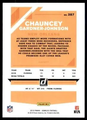 Football card back of 2019 Donruss Chauncey Gardner-Johnson, New Orleans Saints