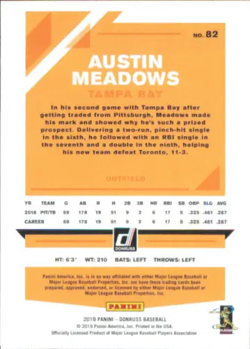 Baseball card back of 2019 Donruss Holo Orange #82 Austin Meadows Tampa Bay Rays