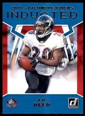 Football trading card of Inducted Ed Reed in Baltimore Ravens white jersey by Donruss Inducted