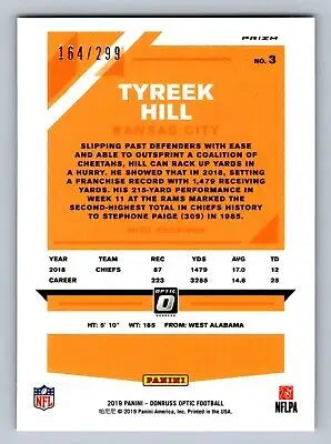 Tyreek Hill football card from 2019 Donruss Optic Aqua Prizm SP /299 collectible item