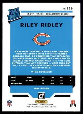 Riley Ridley Rookie Chicago Bears football card 2019 Donruss #336 displayed text-align center