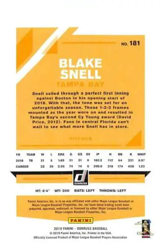 Blake Snell baseball card from 2019 Donruss Variations with original gloss quality