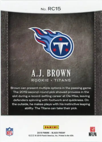 A.J. Brown rookie football card from 2019 Panini Black Friday Rookies series