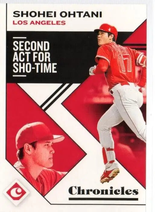 Baseball card of Shohei Ohtani Los Angeles Angels in red uniform with geometric design