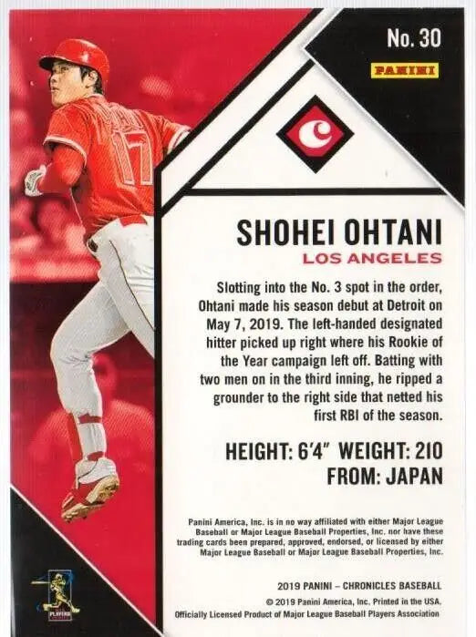 Baseball card of Shohei Ohtani pitching in red uniform for Los Angeles Angels