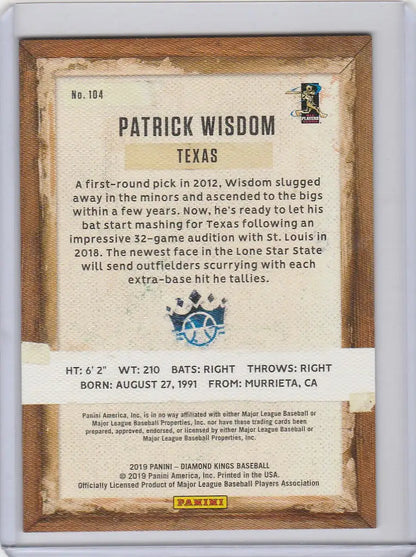 Baseball card of Patrick Wisdom Texas Rangers from 2019 Panini Diamond Kings Framed