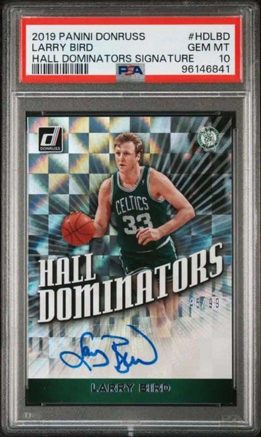 PSA 10 Larry Bird 2019 Panini Donruss Hall Dominators Autographed Basketball Card