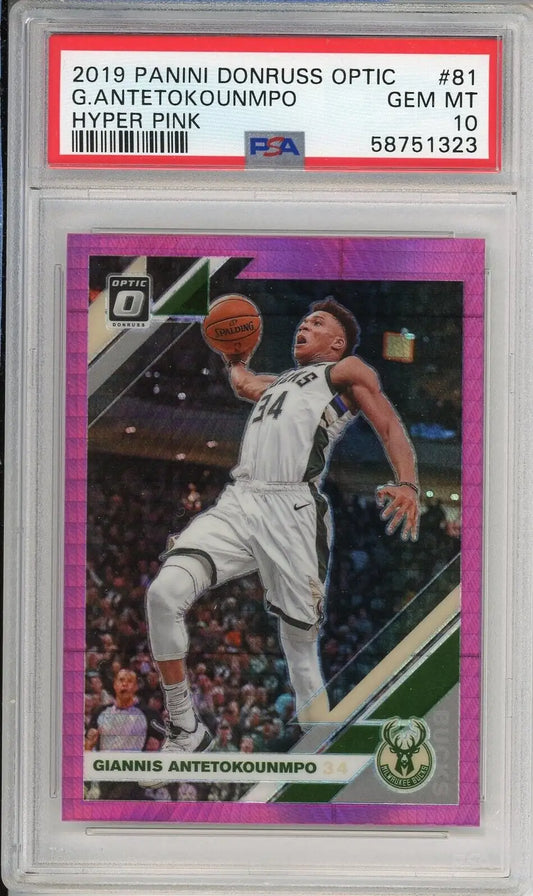 Giannis Antetokounmpo Hyper Pink PSA 10 basketball card from 2019 Panini Donruss Optic