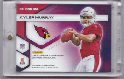 Football trading card of Kyler Murray in red jersey showcasing Panini Elements Auto Rookie