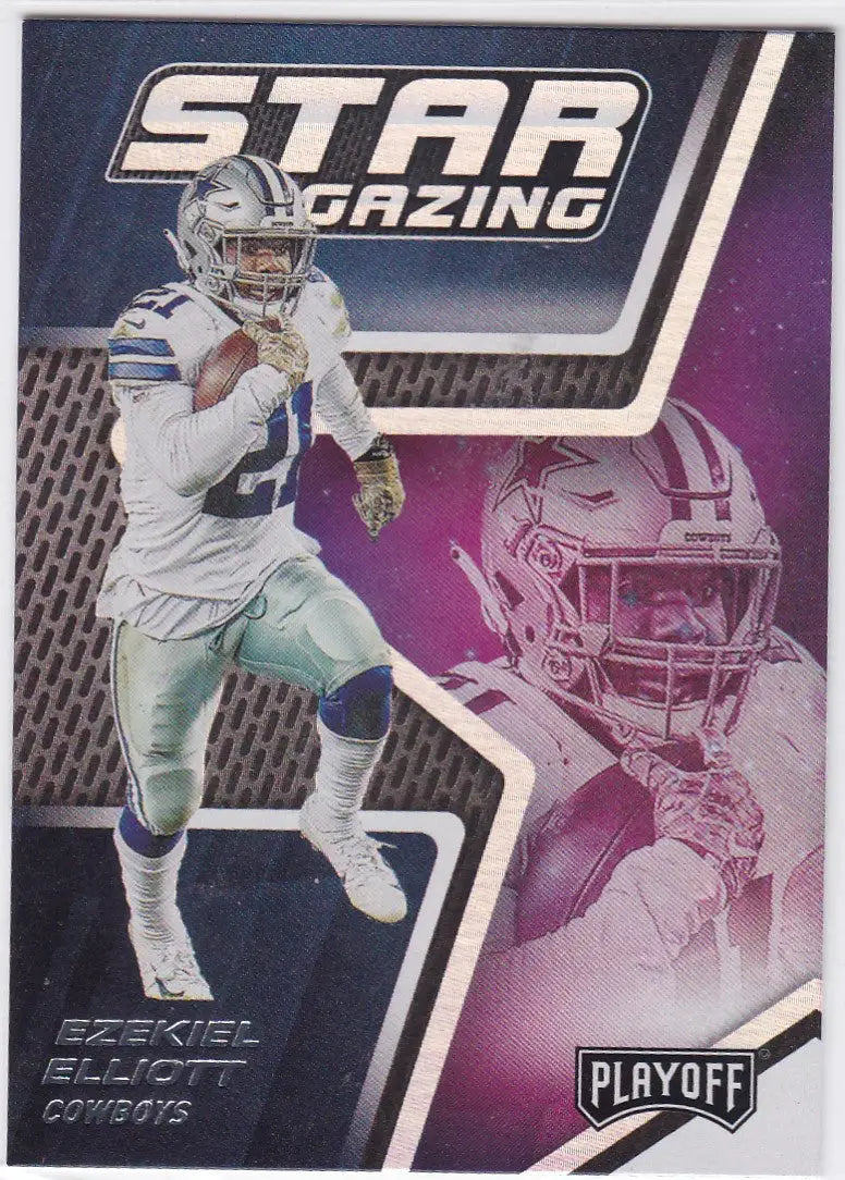 Football trading card of Ezekiel Elliott Star Gazing Dallas Cowboys on purple background