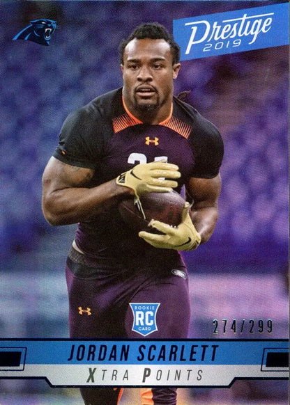 Jordan Scarlett rookie football card from 2019 Panini Prestige #225 Blue /299 Panthers