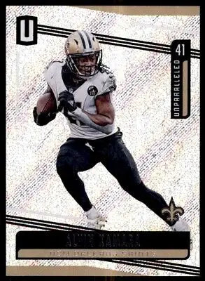 Football trading card featuring Alvin Kamara from Panini Unparalleled 2019