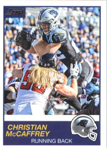 Football trading card of Christian McCaffrey leaping over defender, original gloss finish