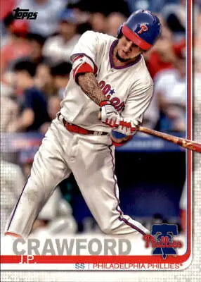 Baseball player J.P. Crawford swinging bat for Philadelphia Phillies MLB card