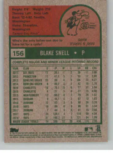 Baseball card back of 2019 Topps Archives #156 Blake Snell with original gloss finish