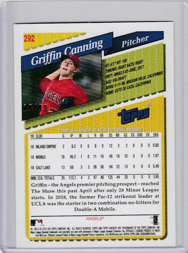 Baseball card of Griffin Canning Los Angeles in red uniform from Topps Archives Silver