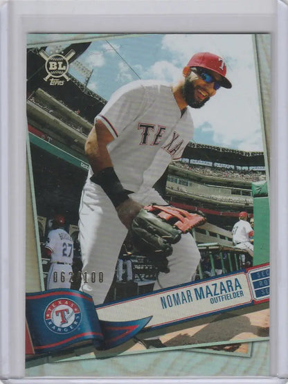 Baseball card of Nomar Mazara Texas Rangers in white uniform for Topps Big League