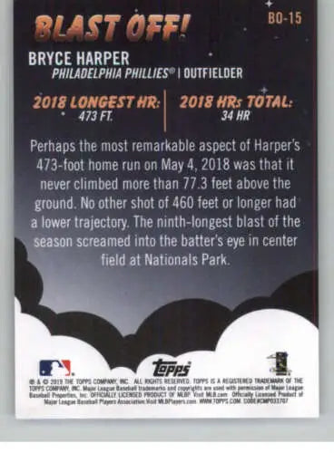 Bryce Harper baseball card from 2019 Topps Big League Blast Off NM-MT Phillies original gloss