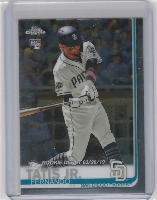 Baseball card of Fernando Tatis Jr mid-swing for San Diego Padres Topps Chrome