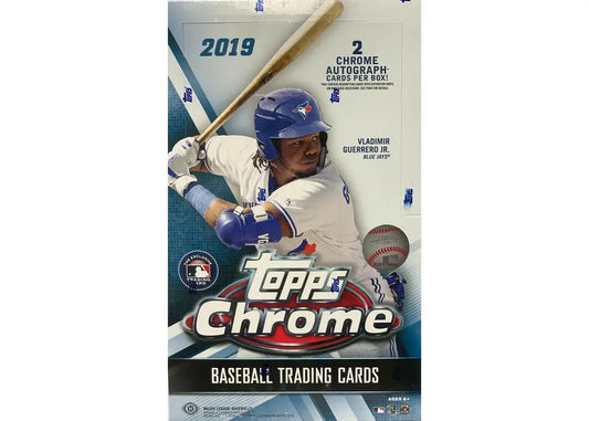 2019 Topps Chrome Baseball Trading Cards Hobby Box with player swinging bat and refractors