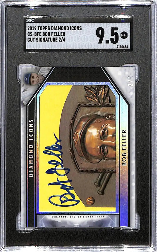 Graded Bob Feller autograph card in case from 2019 Topps Diamond Icons, Cleveland Indians