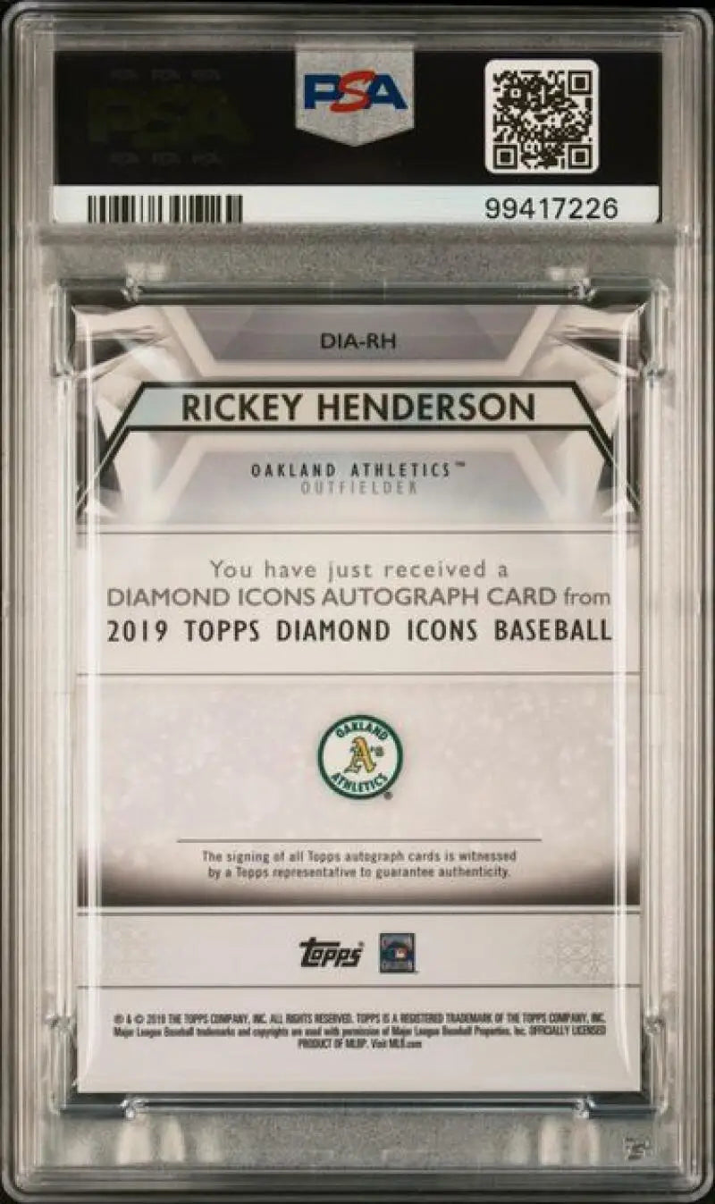 Rickey Henderson PSA 10 GEM MINT autographed baseball card Oakland Athletics 2019 Topps Diamond Icons