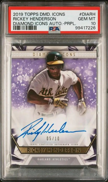 PSA-graded 2019 Topps Diamond Icons Rickey Henderson auto 5/15 Oakland Athletics GEM MINT card