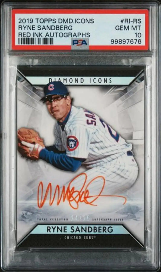 2019 Topps Diamond Icons Red Ink #RIRS Ryne Sandberg PSA 10 GEM MINT Auto 24/25 Chicago Cubs Baseball Card  Image 1