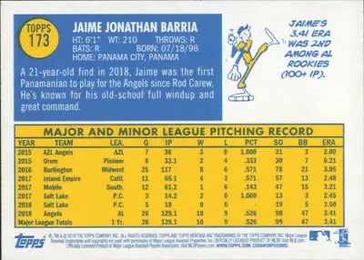 Jaime Barria baseball card from 2019 Topps Heritage Los Angeles Angels MLB collection