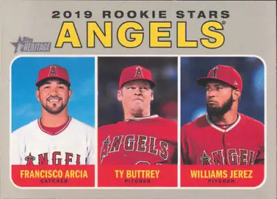 2019 Topps Heritage #244 Buttrey Arcia Jerez Rookie card for Los Angeles Angels fans